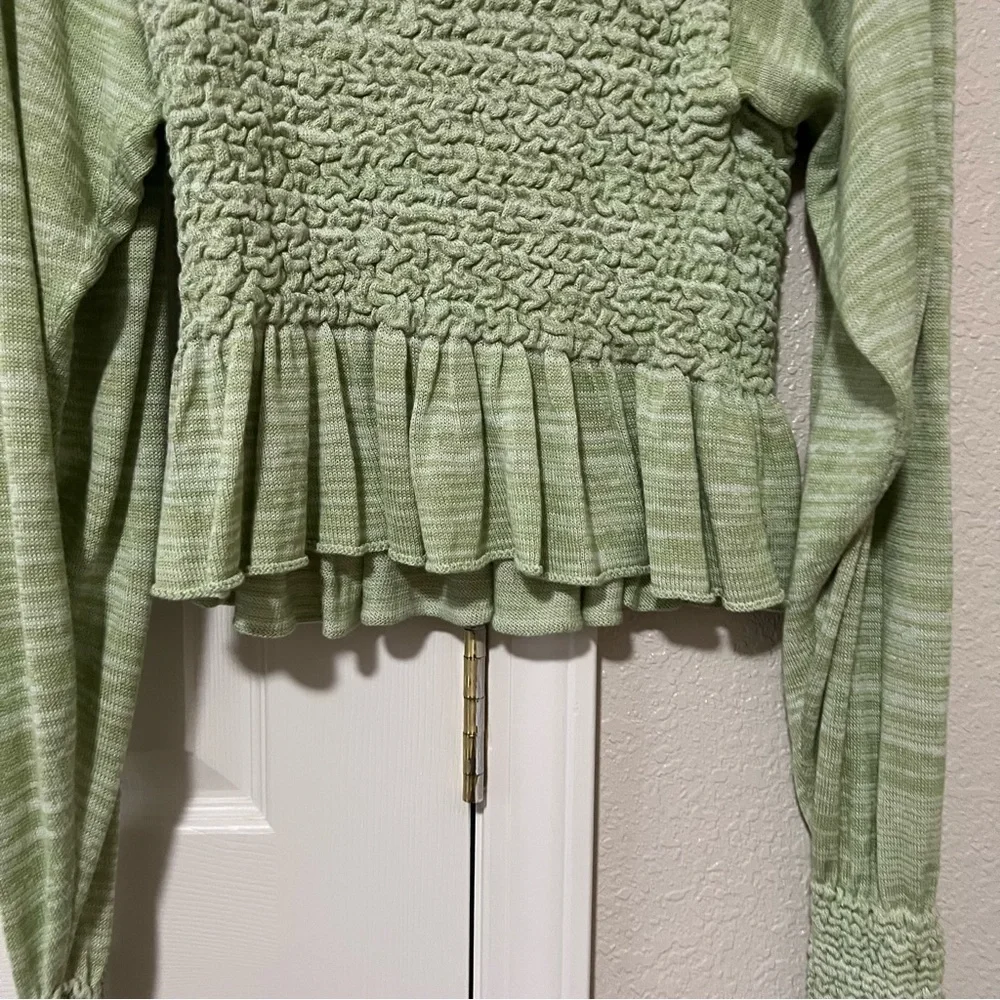 Free People Smocked Light Green Long Sleeve Peplum Size M